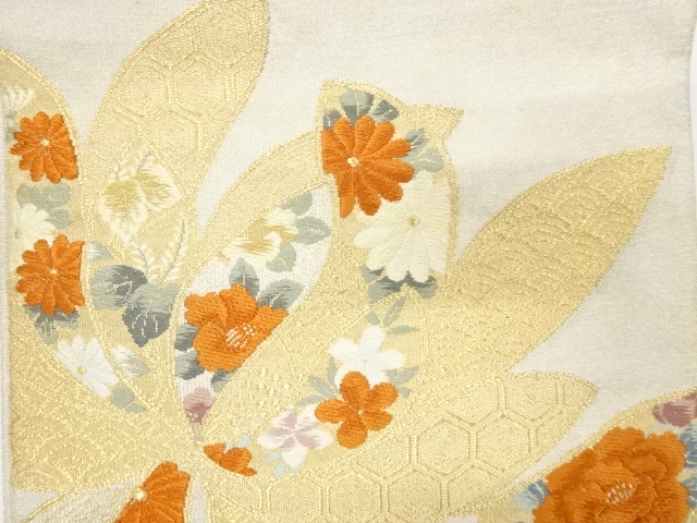 JAPANESE KIMONO / ANTIQUE NAGOYA OBI / SILK / TSUZURE / WOVEN KIKU & CRANE